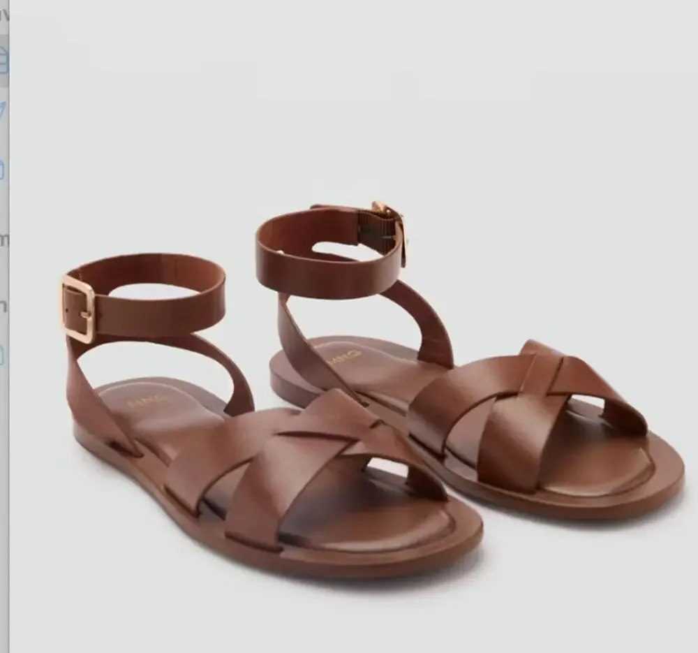 NWT Mango Leather Brown Gold Buckle Strap Sandal EU 36 Size 6